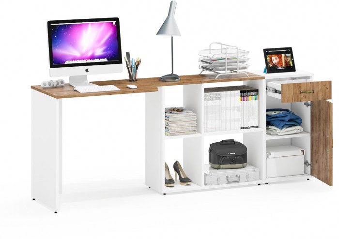 Лидер-8 Стол + Тумба МД 3.15, белый шагрень/крафт золото