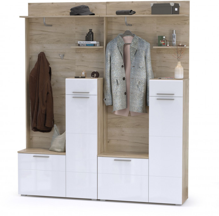 Лайн Прихожая № 02, дуб крафт серый/фасады МДФ белый глянец