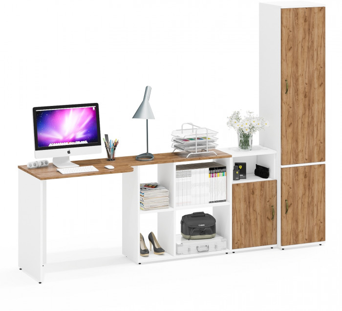 Лидер-8 Стол + Тумба МД 3.19 + Пенал МД 22Б, белый шагрень/крафт золото