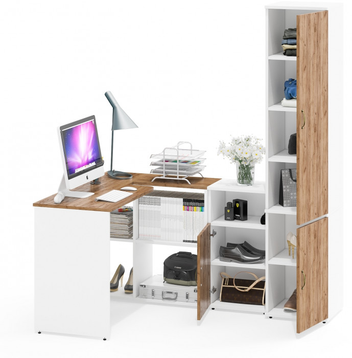 Лидер-8 Стол + Тумба МД 3.19 + Пенал МД 22Б, белый шагрень/крафт золото