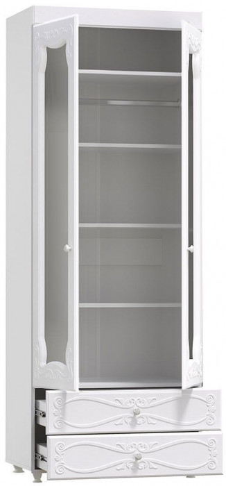 Шкаф 2-х дверный с зеркалами и ящиками (гл.410) Италия ИТ-45 белое дерево