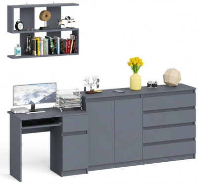 Мори Стол компьютерный МС-1 правый + Комод МК1600.1 + Полка 900, цвет графит, ШхГхВ 250,4х50х209,6 см., НЕ универсальная сборка