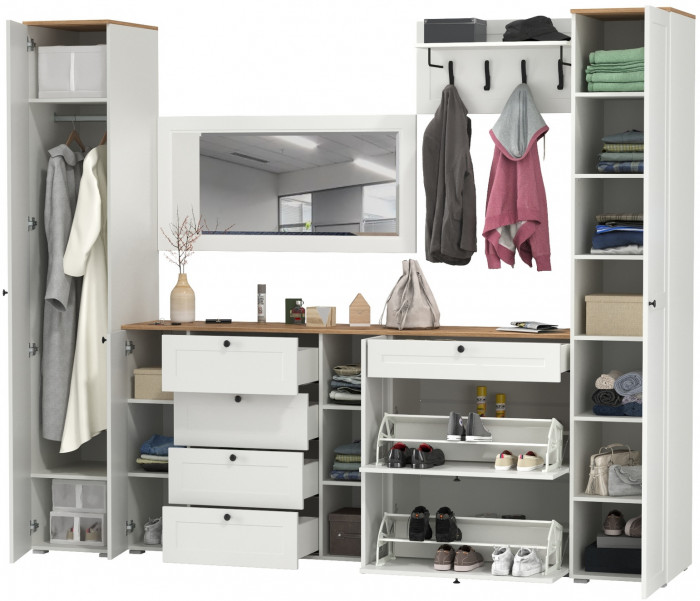 Остин Прихожая 58, цвет белый шагрень/дуб крафт золотой, ШхГхВ 280х54,3х229,6 см., универсальная сборка