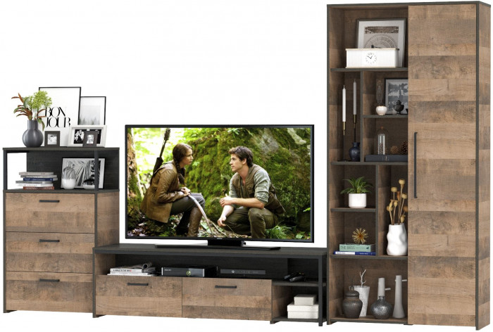 Трувор Гостиная 080, цвет дуб гранж песочный/интра, ШхГхВ 308,8х45,4х194,2 см., универсальная сборка