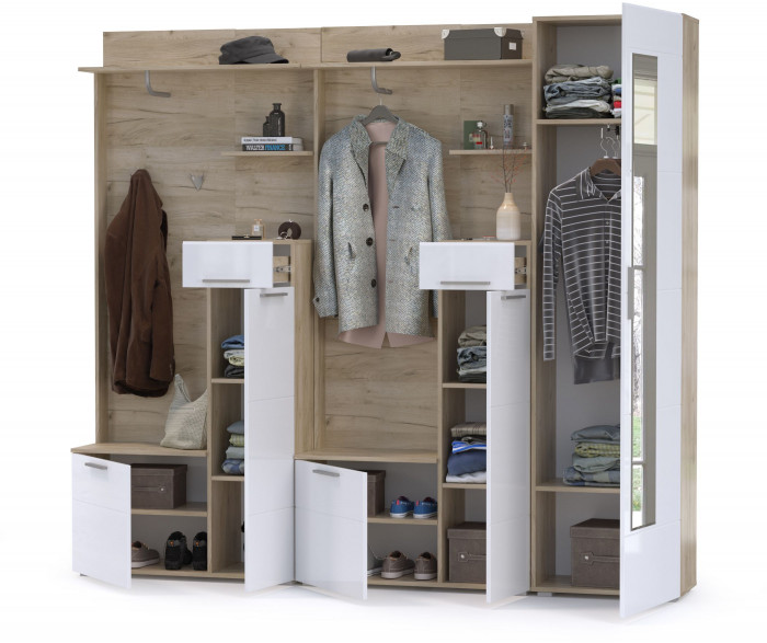 Лайн Прихожая № 03, дуб крафт серый/фасады МДФ белый глянец