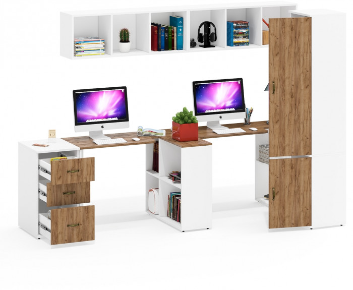 Лидер-8 Стол + Полка + Стол + Полка + Пенал МД 21Б + Тумба МД 3.16, белый шагрень/крафт золото