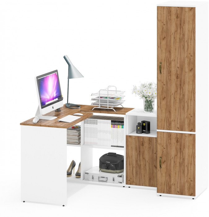 Лидер-8 Стол + Тумба МД 3.19 + Пенал МД 23Б, белый шагрень/крафт золото