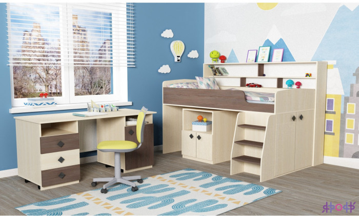 Кровать-чердак Малыш 5 (Дуб молочный/Лайм)
