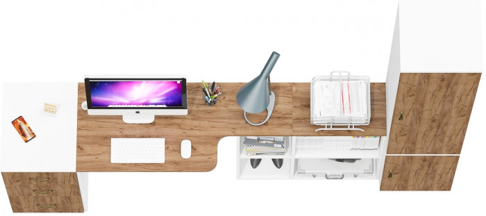 Лидер-8 Стол + Тумба МД 3.16 + Пенал МД 22Б, белый шагрень/крафт золото