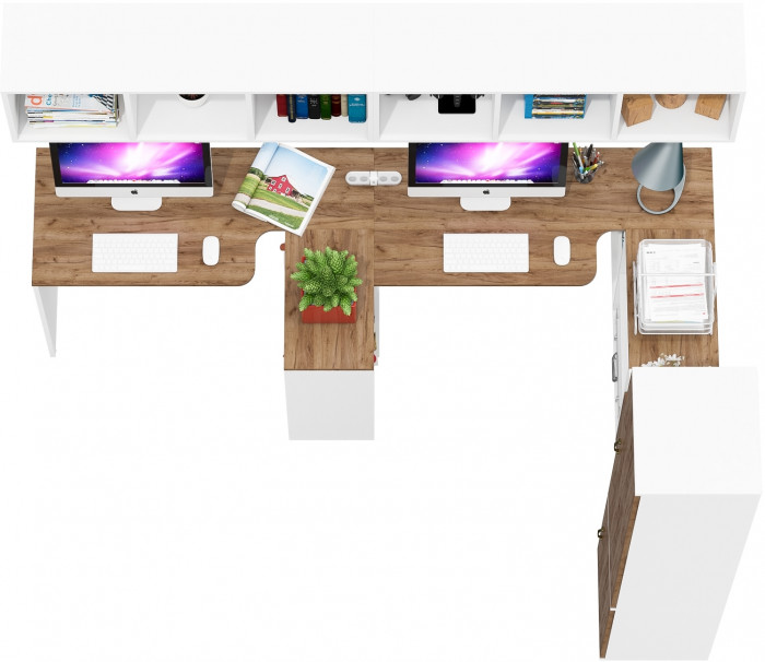 Лидер-8 Стол + Полка + Стол + Полка + Пенал МД 21Б + Тумба МД 3.19, белый шагрень/крафт золото