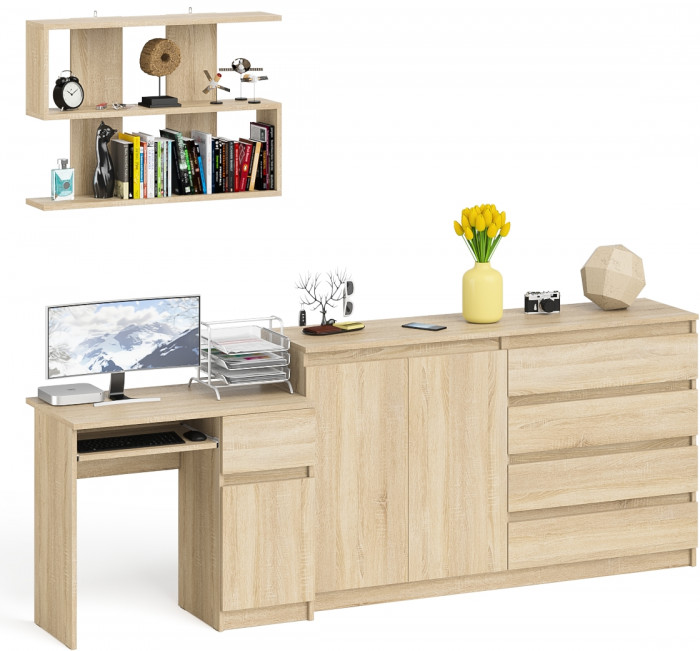 Мори Стол компьютерный МС-1 правый + Комод МК1600.1 + Полка 900, цвет дуб сонома, ШхГхВ 250,4х50х209,6 см., НЕ универсальная сборка