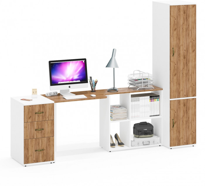 Лидер-8 Стол + Тумба МД 3.16 + Пенал МД 23Б, белый шагрень/крафт золото