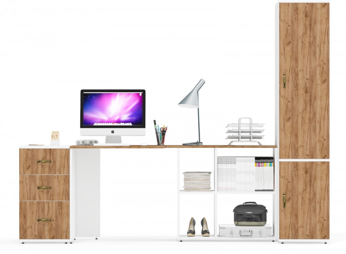 Лидер-8 Стол + Тумба МД 3.16 + Пенал МД 23Б, белый шагрень/крафт золото