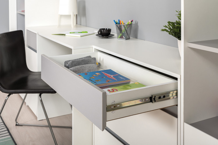 Торонто 12.149 Стол + 13.321 Комод + 16.475 Полка, цвет белый шагрень/стальной серый, ШхГхВ 200х53,1х150 см., универсальная сборка