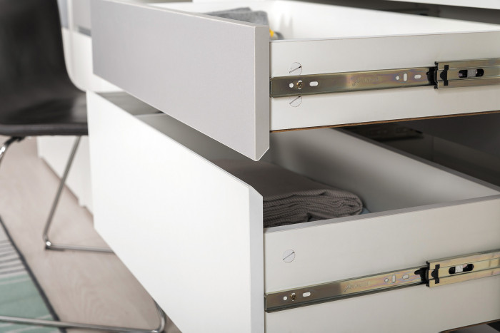 Торонто 12.149 Стол + 13.321 Комод + 16.475 Полка, цвет белый шагрень/стальной серый, ШхГхВ 200х53,1х150 см., универсальная сборка