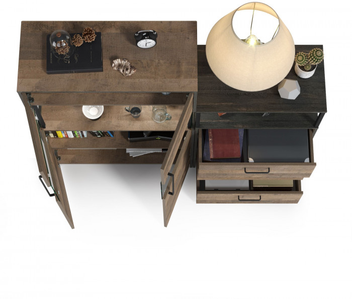 Трувор 13.306 Комод с витриной + 13.307.02 Комод с ящиками, цвет дуб гранж песочный/интра, ШхГхВ 151,8х37х135,3 см., универсальная сборка