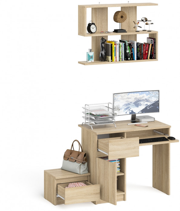 Мори Стол компьютерный МС-1 левый + Тумба ТМП400.1 + Полка 900, цвет дуб сонома, ШхГхВ 130,4х50х209,6 см., НЕ универсальная сборка