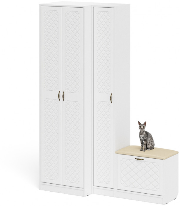 Прихожая П-6 Компоновка № 25, цвет белая шагрень/фасады МДФ белое дерево фрезеровка ромб, ШхГхВ 150х50х210 см., универсальная сборка