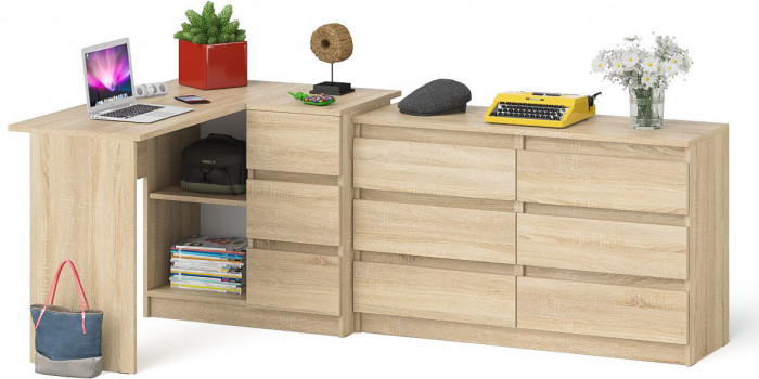 Мори Стол компьютерный МС-16 правый + Комод МК1200.6, цвет дуб сонома, ШхГхВ 244,8х84,9х76,6 см., выдвижные ящики справа, НЕ универсальная сборка