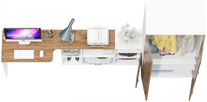 Лидер-8 Стол + Тумба МД 3.19 + Шкаф МД 19Б, белый шагрень/крафт золото