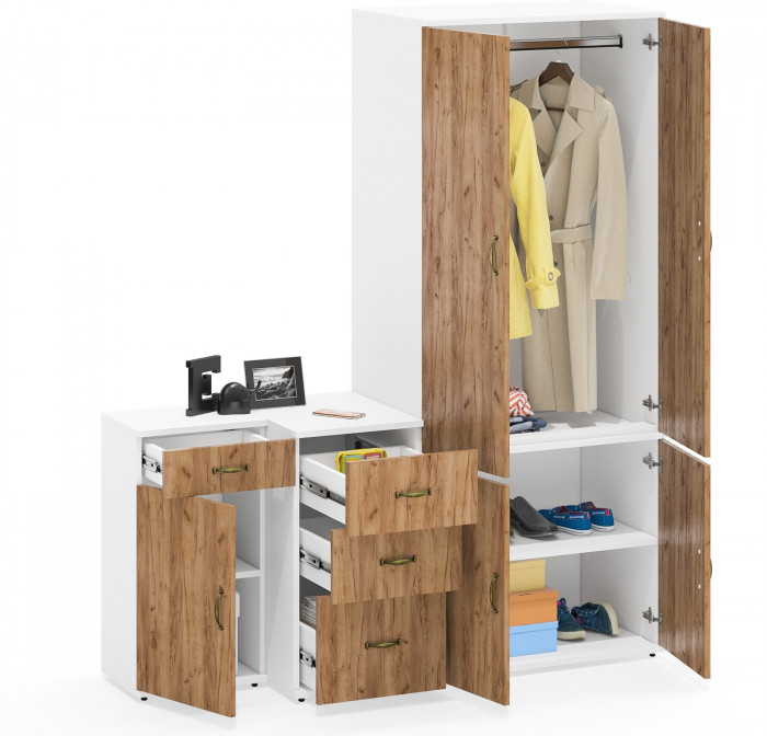 Лидер-8 Шкаф МД 19Б + Тумба МД 3.15 + Тумба МД 3.16, цвет белый шагрень/крафт золото, ШхГхВ 160х50х190 см., универсальная сборка