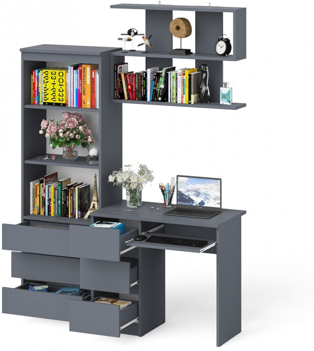 Мори Стол компьютерный МС-6 левый + Стеллаж МСТ600.3 + Полка 900, цвет графит, ШхГхВ 150,4х50х209,6 см., НЕ универсальная сборка