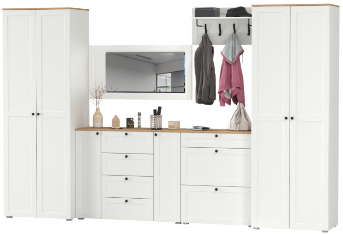 Остин Прихожая 60, цвет белый шагрень/дуб крафт золотой, ШхГхВ 360х54,3х229,6 см., универсальная сборка