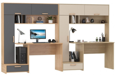 Два Стола письменных Лайт 03.243Н, цвет гикори рокфорд натуральный/тёмно-серый/плэйн/сатин, ШхГхВ 300,4х57,3х179,9 см., НЕ универсальная сборка