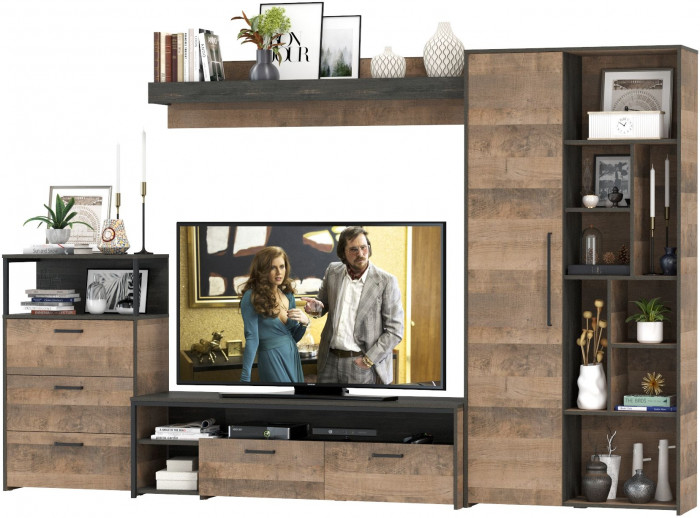 Трувор Гостиная 089, цвет дуб гранж песочный/интра, ШхГхВ 308,8х45,4х194,2 см., универсальная сборка