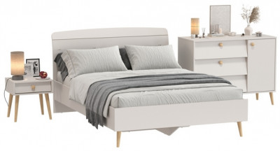 Афина Спальня Кровать 1400 + Комод + Тумба, цвет кашемир серый, ШхГхВ 144,6х210,2х95,7 + 110х45,3х83 + 45х37х45 см., 1400х2000 мм., б/м, осн. есть