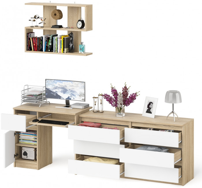 Мори Стол компьютерный МС-1 левый + Комод МК1380.6 + Полка 900, цвет дуб сонома/белый, ШхГхВ 228х50х209,6 см., НЕ универсальная сборка
