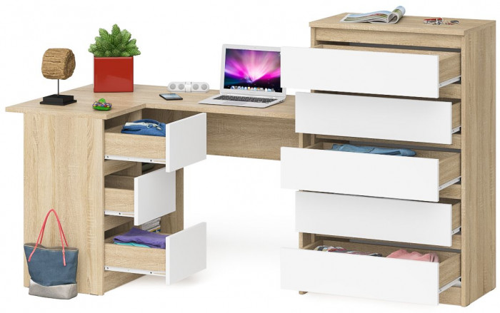 Мори Стол компьютерный МС-16 левый + Комод МК700.5, цвет дуб сонома/белый, ШхГхВ 194,8х84,9х114 см., выдвижные ящики слев, НЕ универсальная сборкаа