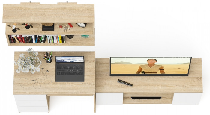 Мори Стол компьютерный МС-6 левый + Тумба МТВ1200.1 + Полка 900, цвет дуб сонома/белый, ШхГхВ 210,4х50х209,6 см., НЕ универсальная сборка