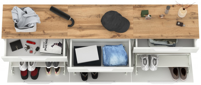 Октава 16.127 Тумба для обуви + 16.127 Тумба + 16.127 Тумба, цвет белый шагрень/дуб крафт золотой/фасады МДФ белый шагрень, ШхГхВ 194,7х35,4х62,2 см.