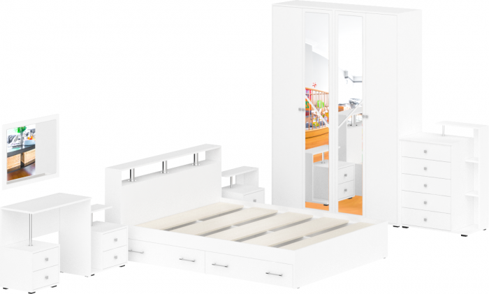 Камелия спальня № 10 Кровать с ящиками 1600 + Две тумбы + Стол косметич. + Зеркало + Комод + Шкаф, белый