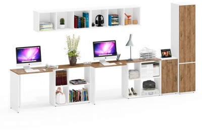 Лидер-8 Стол + Полка + Стол + Полка + Пенал МД 22Б + Тумба МД 3.15, белый шагрень/крафт золото