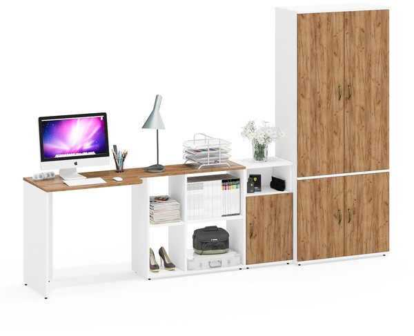 Лидер-8 Стол + Тумба МД 3.19 + Шкаф МД 20Б, белый шагрень/крафт золото