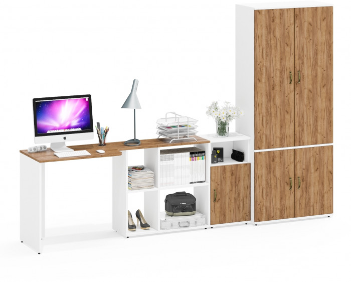 Лидер-8 Стол + Тумба МД 3.19 + Шкаф МД 20Б, белый шагрень/крафт золото