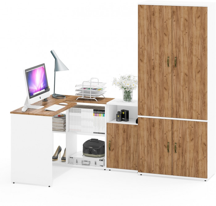 Лидер-8 Стол + Тумба МД 3.19 + Шкаф МД 20Б, белый шагрень/крафт золото