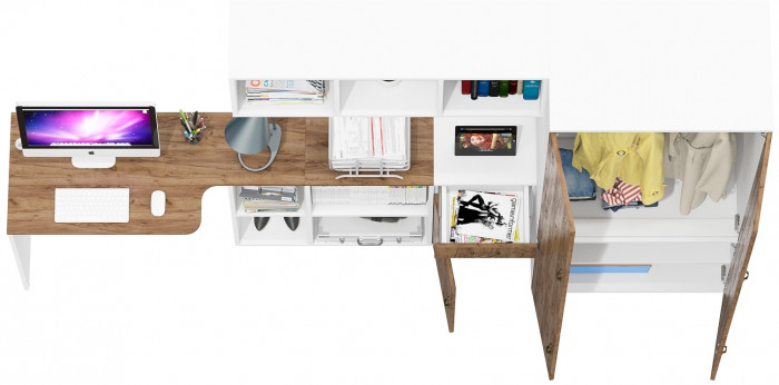 Лидер-8 Стол + Полка + Тумба МД 3.15 + Шкаф МД 19Б, цвет белый шагрень/крафт золото, ШхГхВ 285х50/37,5х75/190 или 115х200/50х75/190 см., НЕ ун. сб.