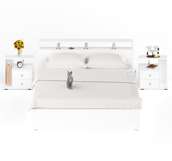 Камелия Кровать 1800 + две тумбы, цвет белый, ШхГхВ 296х217х78,2 см., сп.м. 1800х2000 мм., без матраса, основание есть