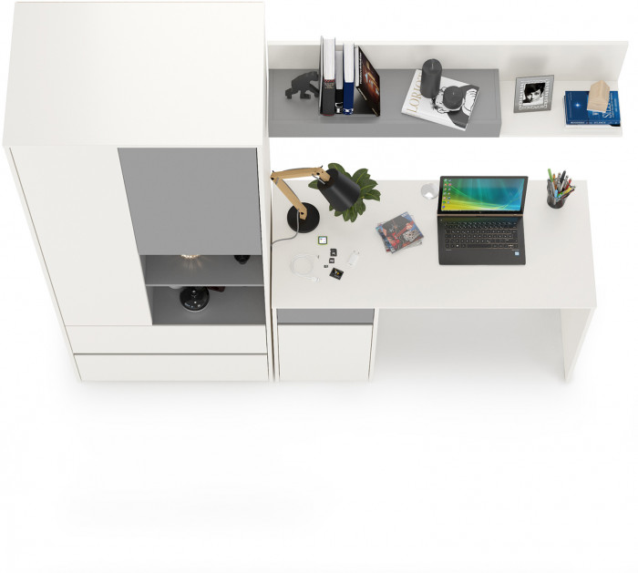 Торонто 12.149 Стол + 13.333 Шкаф для одежды + 16.475 Полка, цвет белый шагрень/стальной серый, ШхГхВ 200х53,1х195,7 см., универсальная сборка