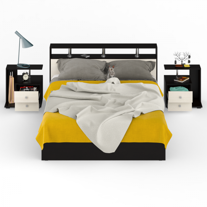 Камелия Кровать 1600 + две тумбы, цвет венге/дуб лоредо, ШхГхВ 276х217х78,2 см., сп.м. 1600х2000 мм., без матраса, основание есть