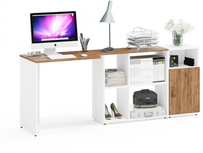 Лидер-8 Стол + Тумба МД 3.19, белый шагрень/крафт золото