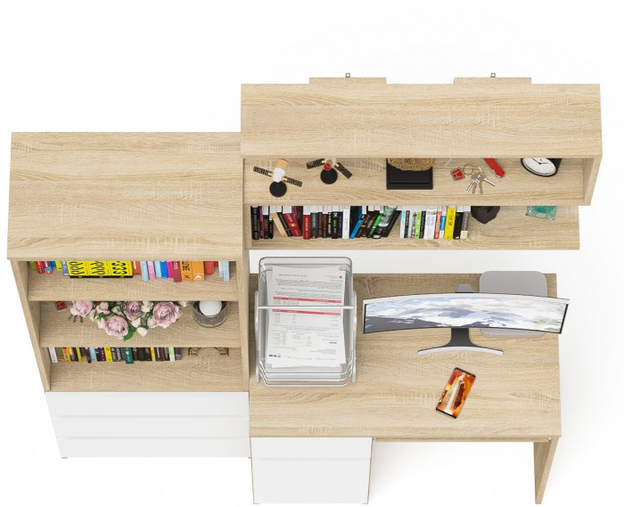 Мори компьютерный стол МС-1 левый + Стеллаж МСТ600.3 + Полка 900, дуб сонома/белый