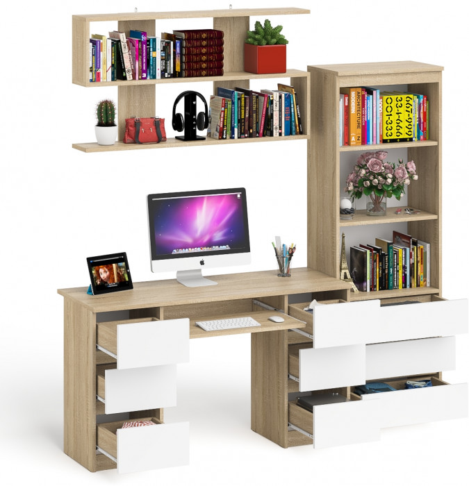Мори компьютерный стол МС-2 + Стеллаж МСТ600.3 + Полка 1200, дуб сонома/белый