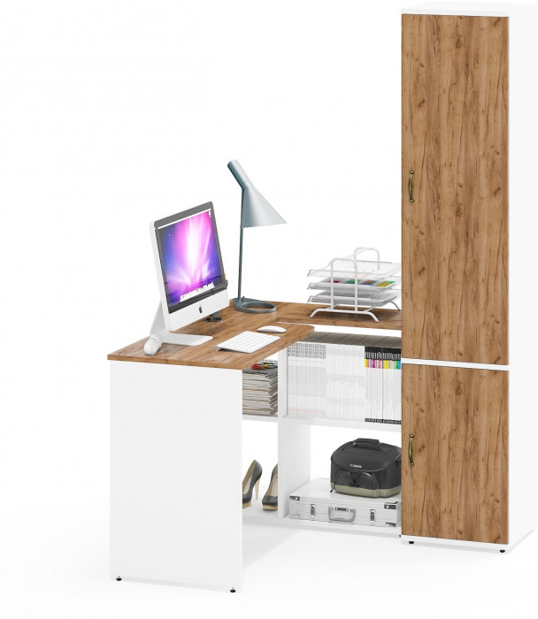 Лидер-8 Стол + Пенал МД 21Б, цвет белый шагрень/крафт золото, ШхГхВ 205х50/37,5х75/190  или 115х50/120х75/190 см., НЕ универсальная сборка