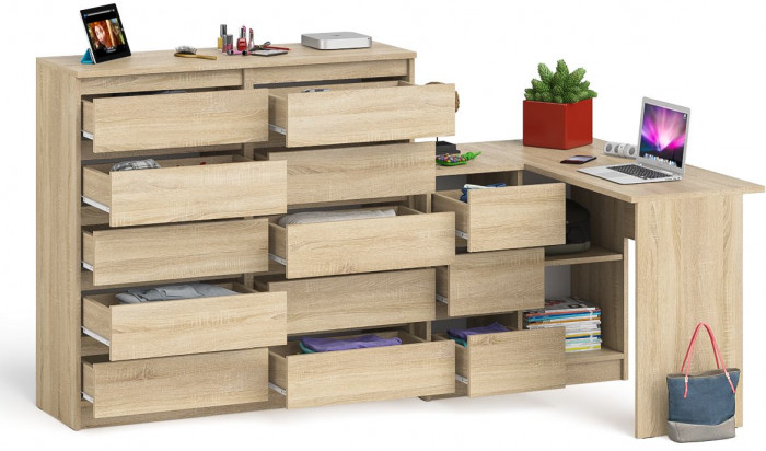 Мори Стол компьютерный МС-16 левый + Комод МК1200.10, цвет дуб сонома, ШхГхВ 244,8х84,9х115 см., выдвижные ящики слева, НЕ универсальная сборка