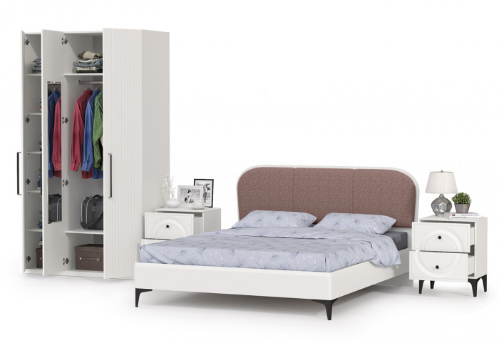 Валенсия Спальня № 34, цвет ЛДСП белый шагрень/МДФ белый шагрень/ткань велутто 19, ортопед есть, сп. м. 1600х2000 мм., б/м