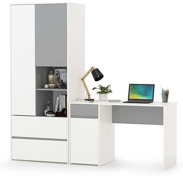 Торонто 12.149 Стол + 13.333 Шкаф для одежды, цвет белый шагрень/стальной серый, ШхГхВ 200х53,1х195,7 см., универсальная сборка